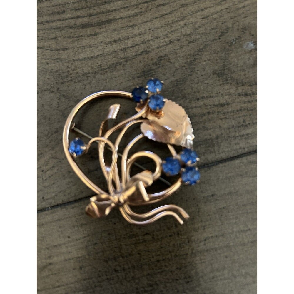 Vintage Rose Gold Tone Blue Rhinestone Floral Brooch